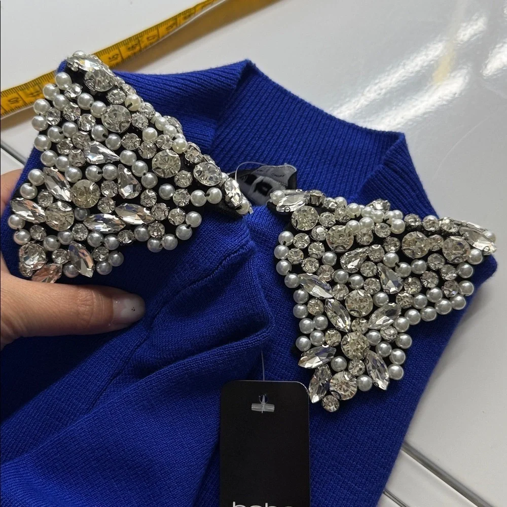 NWT Bebe Embellished Mock Neck Tunic Sweater in Galactic Cobalt Sz M